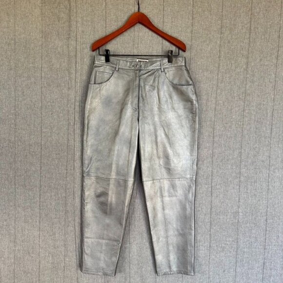 Vintage Forenza 100% Leather Silver High Rise Relaxed Straight Leg Jeans Size 32 - Picture 1 of 10